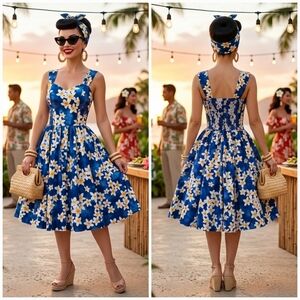 Royal Hawaiian Creations XL Vintage 90s Rockabilly Resortwear Luao Midi Dress